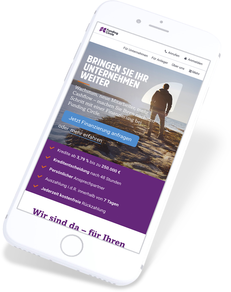 Funding Circle's homepage image placed in a smarphone