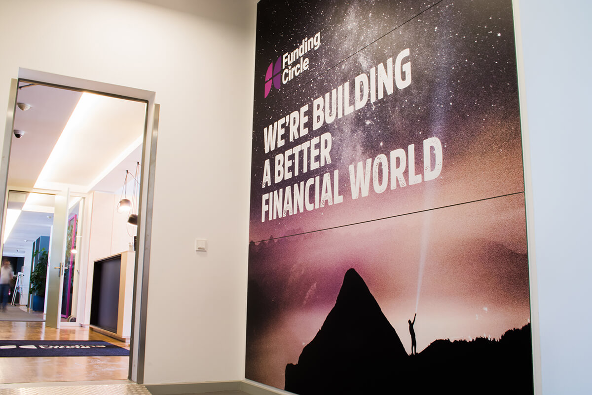 Funding Circle's entrance with the phrase 'We are building a better financial world'
